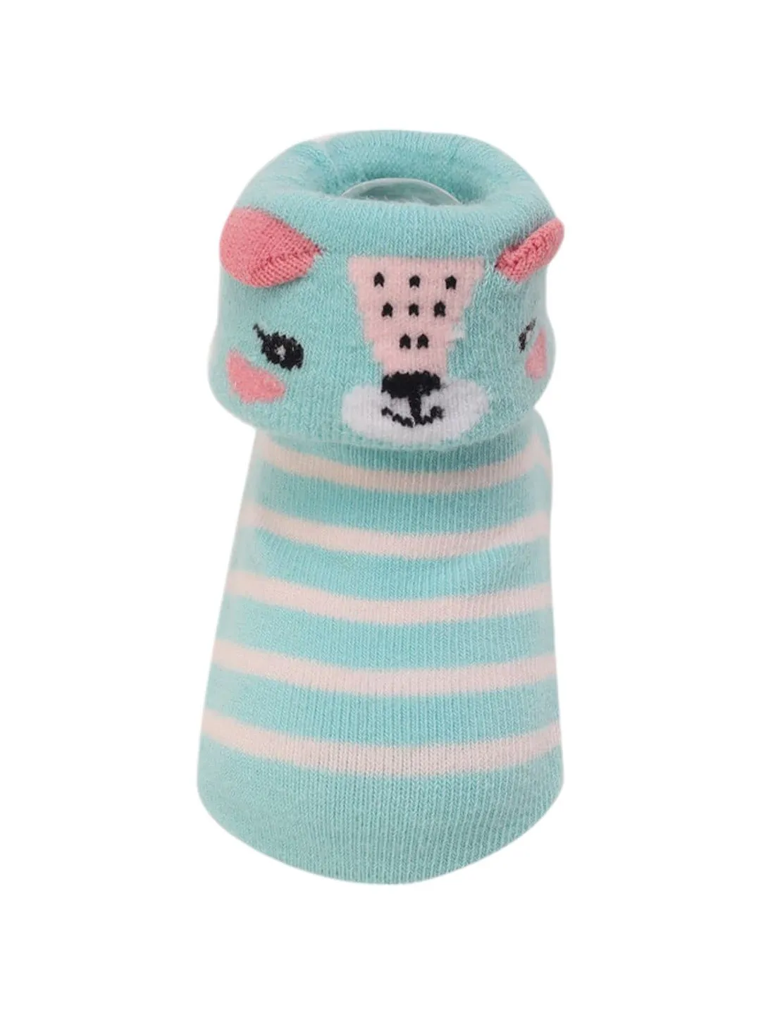 Aqua Striped Baby Booties with 3D Bear Face – Soft and Adorable Design